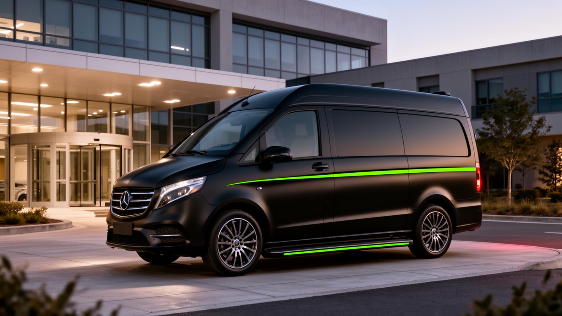Black luxury wheelchair transport van with Lyme green accents at hospital entrance